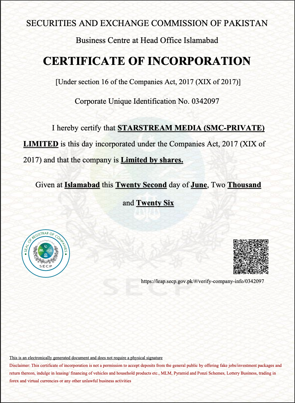 STARSTREAM MEDIA Certificate of Incorporation